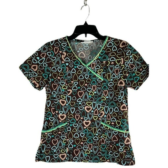 Peaches Women's Hearts Scrub Top Size X-Small 100% Cotton Brown - Picture 1 of 3